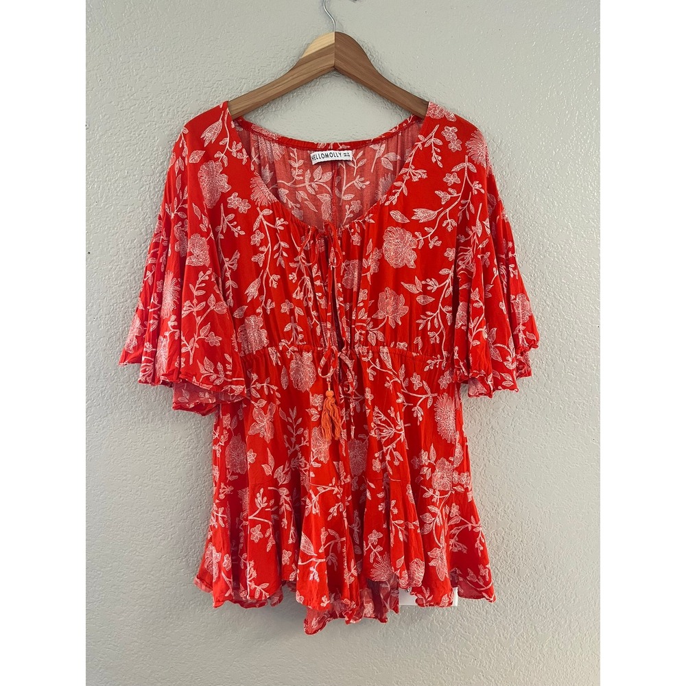 Hello Molly‎ Red Floral Romper XS Boho Tassel Tie Front Flutter Sleeve Rayon